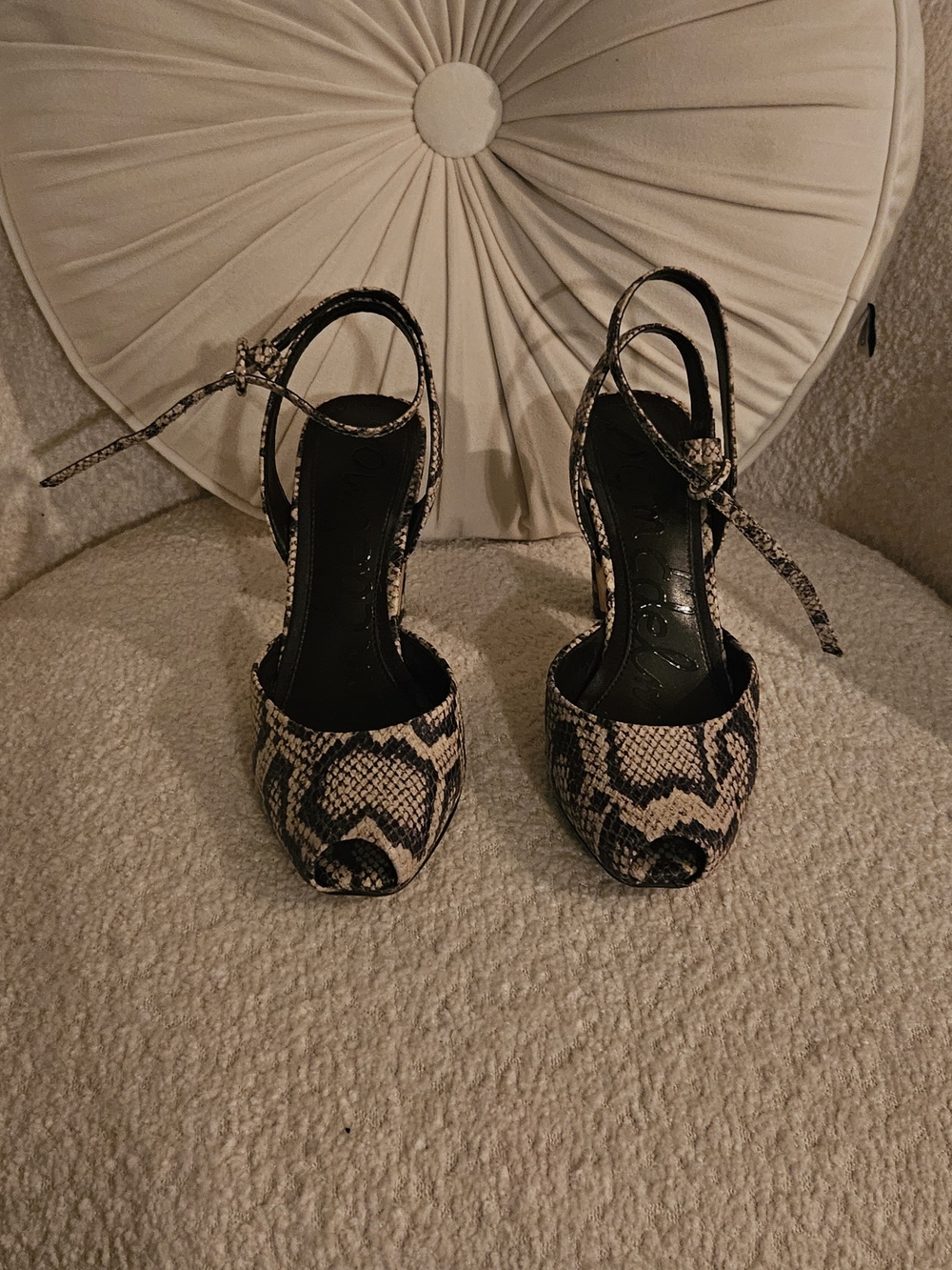 Sam Edelman Snake Print Ankle Strap Heels in Black & Brown